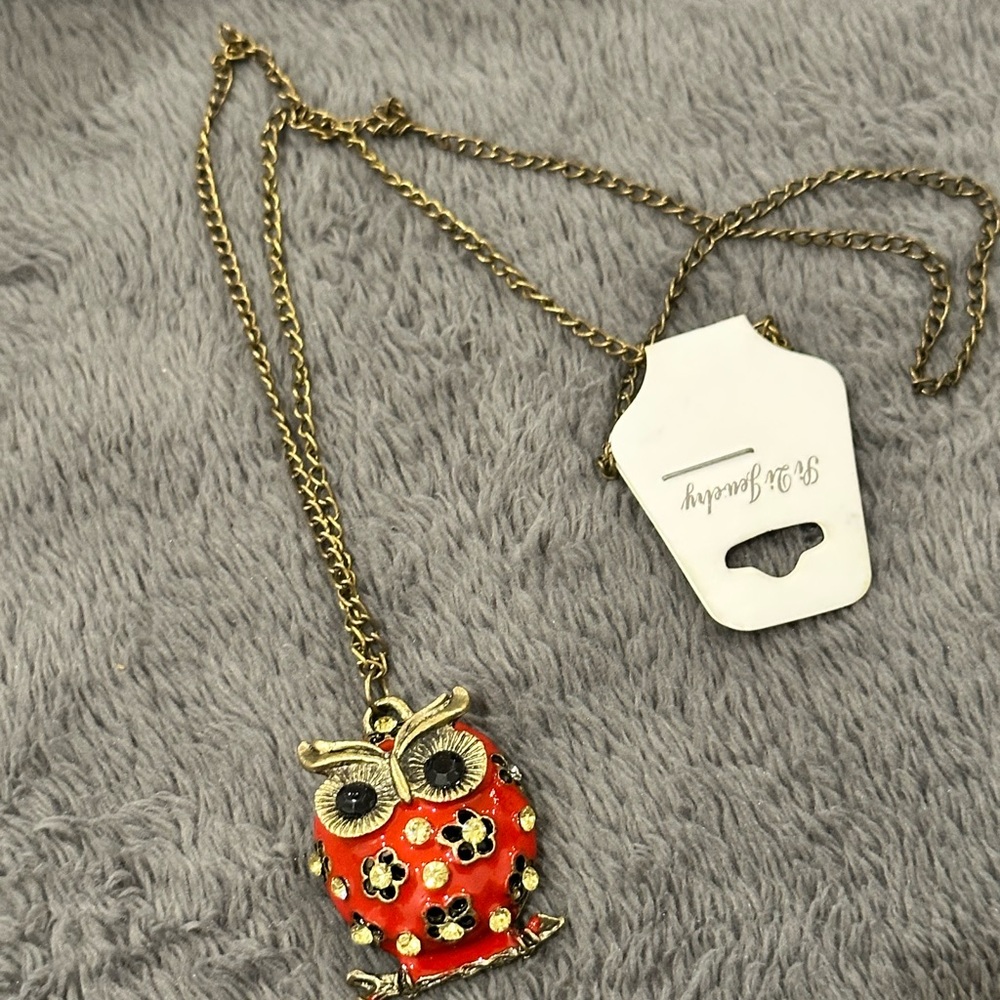 Gold and Red Owl Pendant Necklace